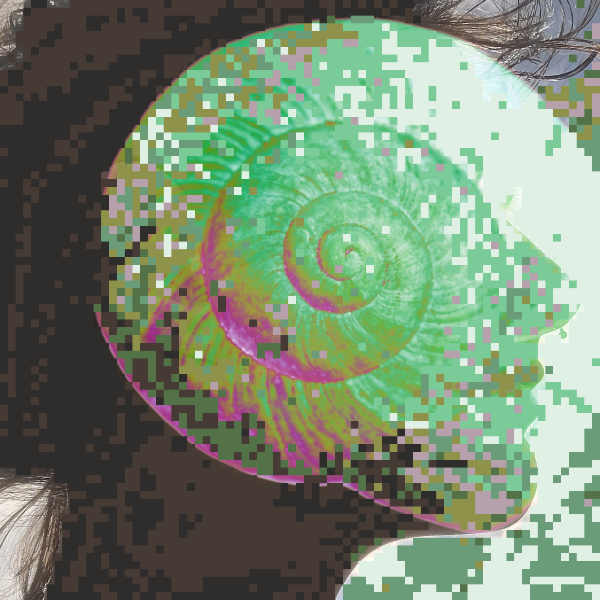 Em in profile, face covered with a glowing shell